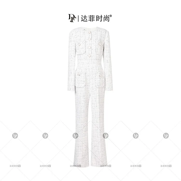 潮流-秋冬季新款女装时尚法式白色粗花呢连体裤阔腿裤D34446