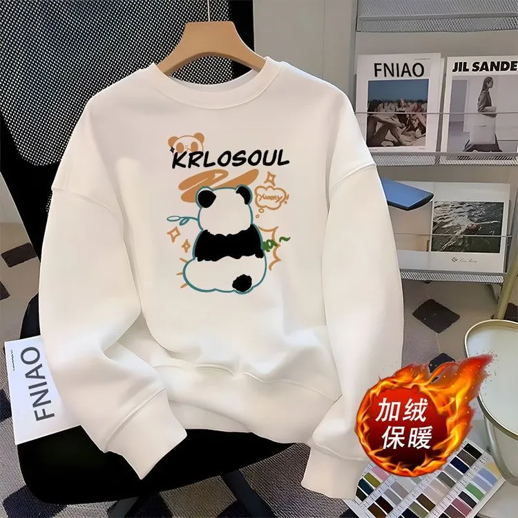 特大码300斤秋冬季加绒圆领长袖潮流时尚百搭宽松男ins印花款上衣