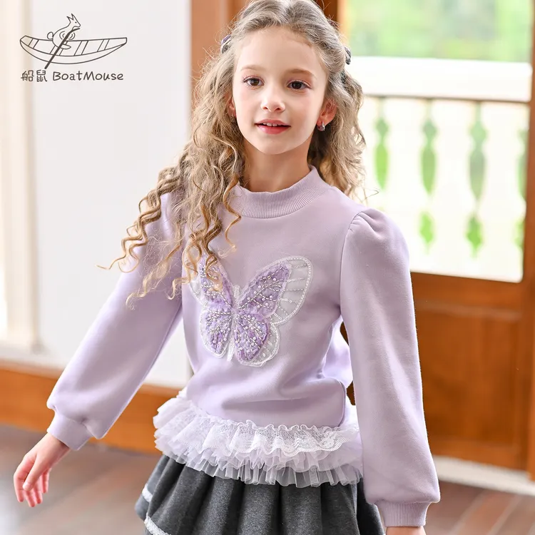 船鼠女童卫衣加绒加厚一体绒半高领蝴蝶网纱拼接女孩儿童上衣秋冬