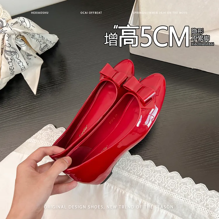 真皮版法式复古圆头蝴蝶结玛丽珍鞋女新款红色浅口平底内增高单鞋