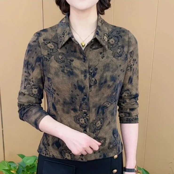 春秋复古晕染印花妈妈装长袖衬衫中老年翻领宽松显瘦洋气打底上衣