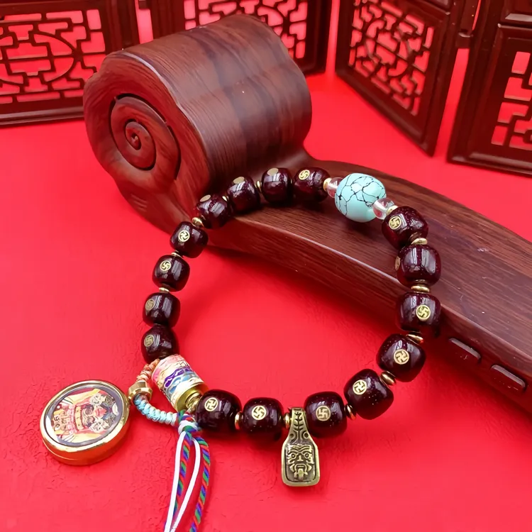 天然朱砂供星月菩提子手串镶嵌万字桶珠文玩扎基娘娘小唐卡吊坠
