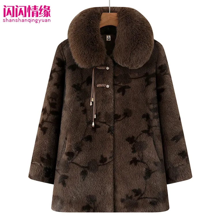 中老年大码水貂毛加绒加厚中长款妈妈奶奶新中式国风保暖防寒棉衣