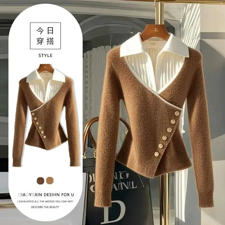 卡其色假两件设计感毛衣女2024冬季新款高级感超好看独特针织上衣