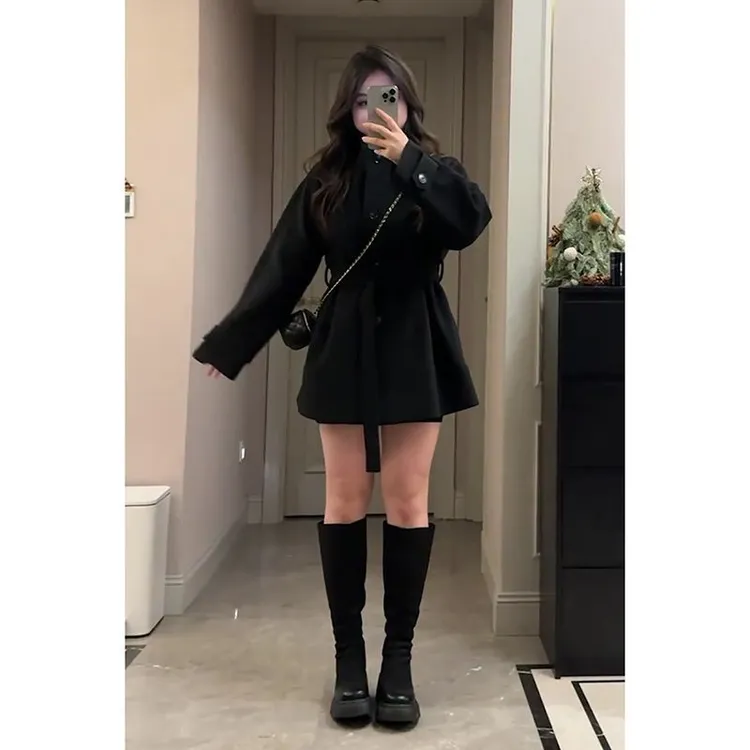 大码女装胖mm韩版赫本风单排扣中长款毛呢外套女秋冬气质显瘦外套