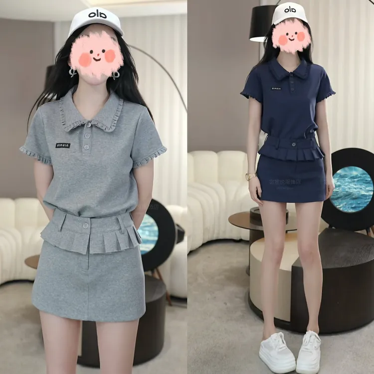 夏季新款韩系出游穿搭娃娃领木耳边POLO衫上衣套装显瘦百搭半身裙