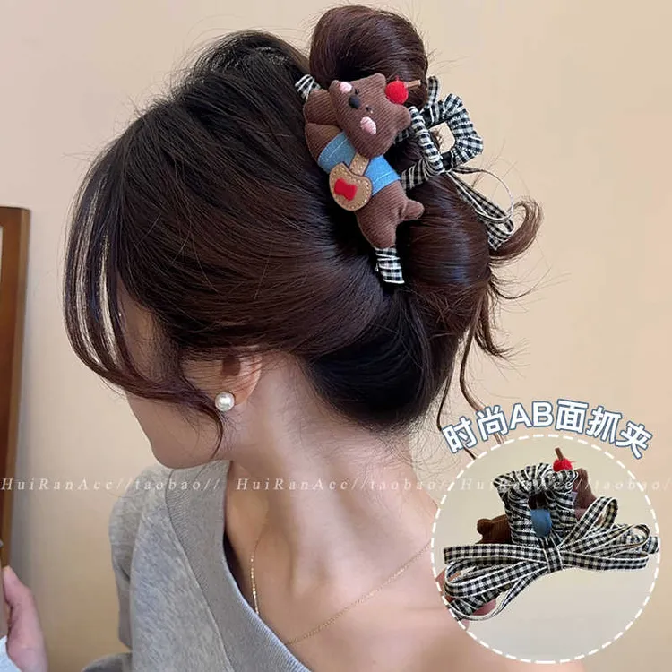 可爱咖色小熊双面蝴蝶结发夹后脑勺盘发鲨鱼夹发量多抓夹卡通发抓
