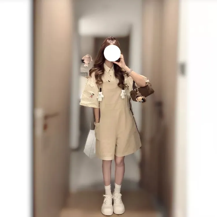 可爱甜美校园风背带短裤条纹衬衫两件套夏季新款减龄显瘦套装