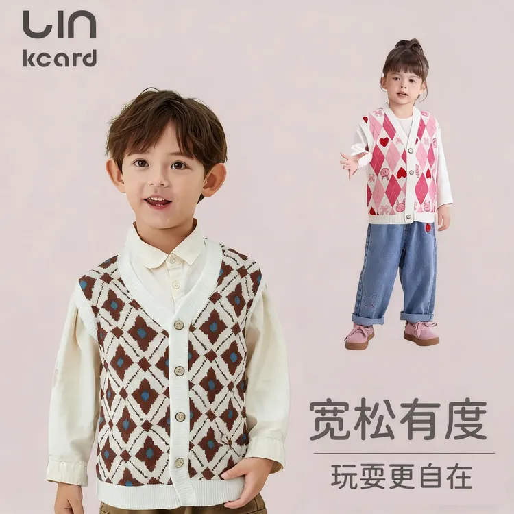 秋冬男童女童加绒加厚针织开衫马甲儿童时尚洋气外穿马甲背心