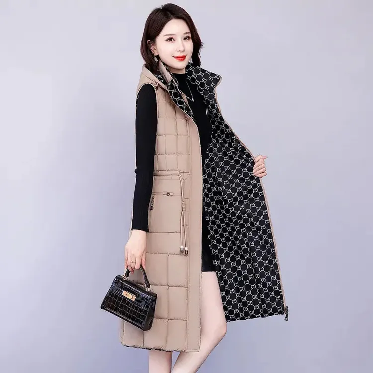 2025双面穿加棉马甲长款女过膝加厚修身显瘦坎肩棉马甲