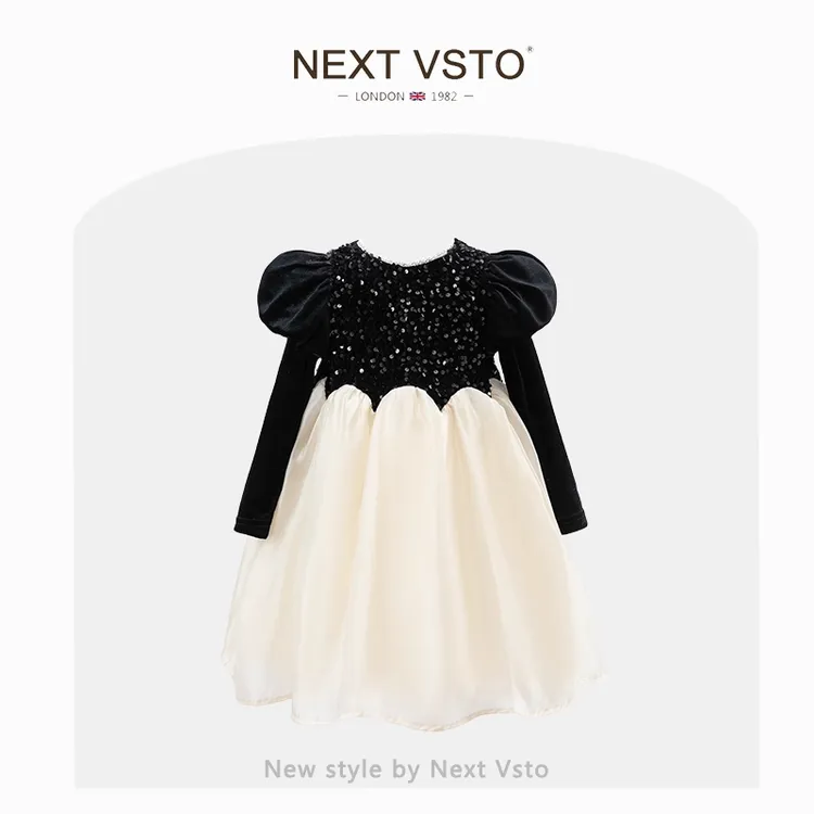 英国NEXT VSTO女童丝绒连衣裙春秋款洋气小女孩泡泡袖礼服公主裙