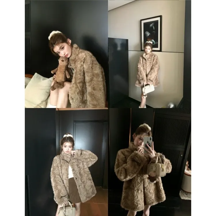 小熊心事 立领染尖皮毛一体外套女冬季新款慵懒加厚毛毛大衣