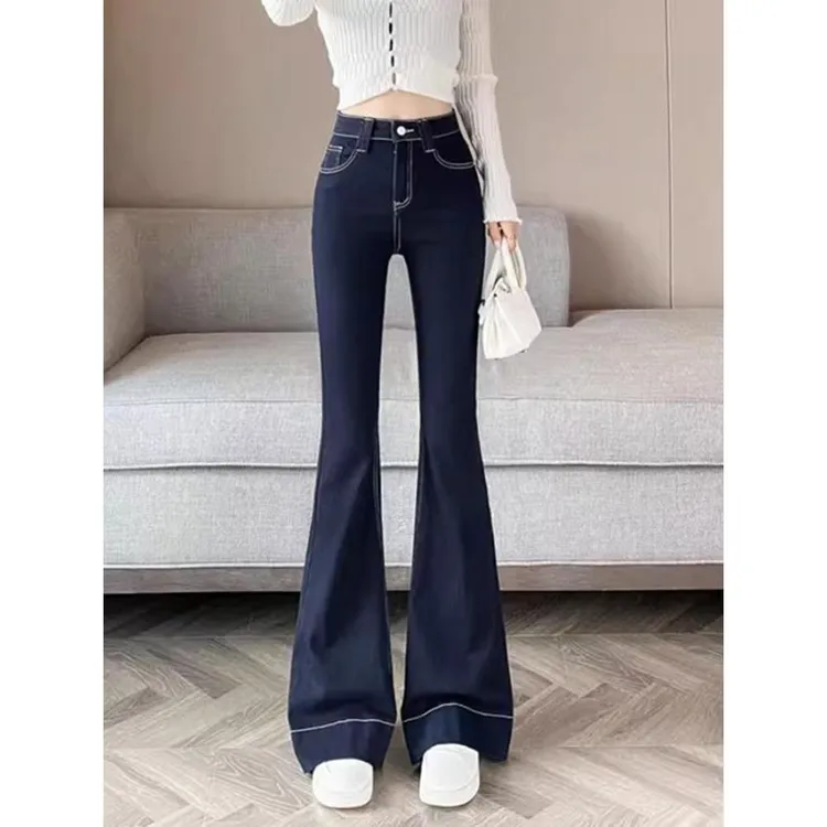 丹宁蓝加绒微喇牛仔裤裤子女秋冬2025新爆款高腰显瘦加绒牛仔裤女