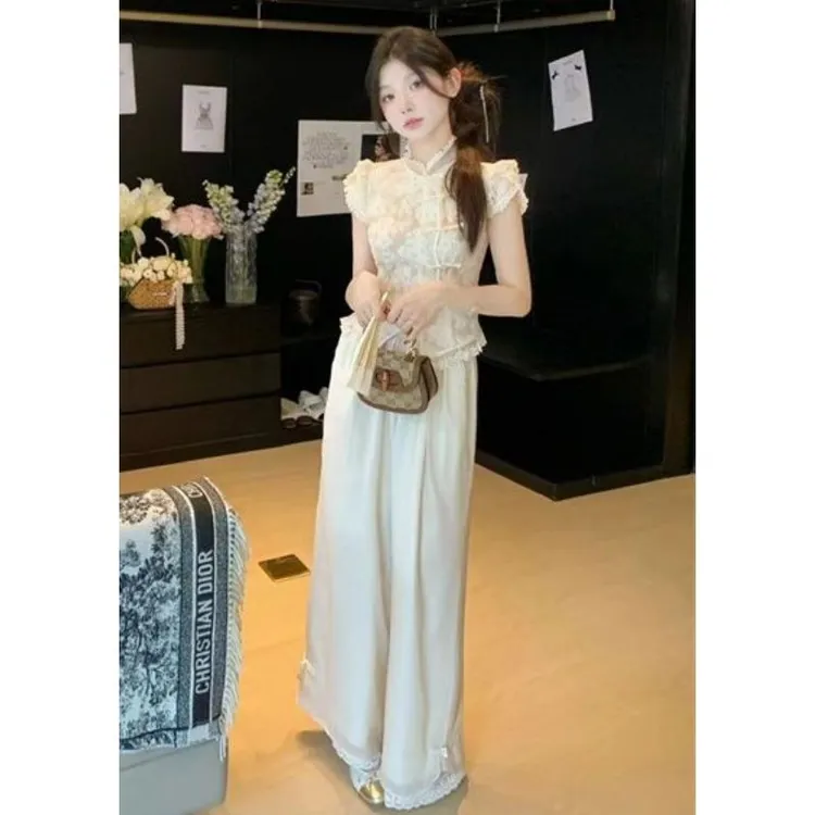 K新中式重工提花蕾丝拼接设计感盘扣上衣修身阔腿裤夏季新款套装