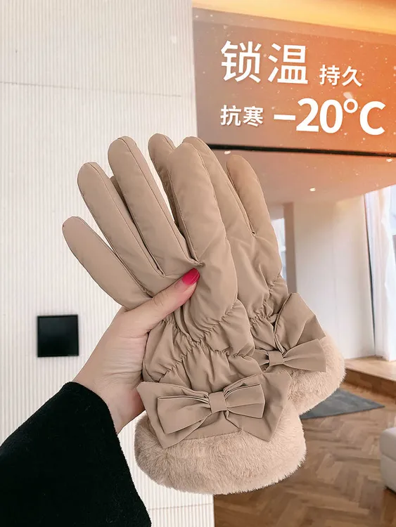 手套冬季防寒骑车加厚加绒大蝴蝶结女士冬天开车骑行电动车保暖棉