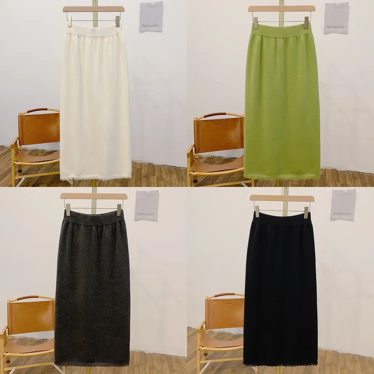 C5268流苏后开叉松紧腰针织半身裙