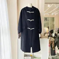 青青大码女装 秋冬牛角扣妮子赫本风韩版黑色毛呢大衣外套A5177