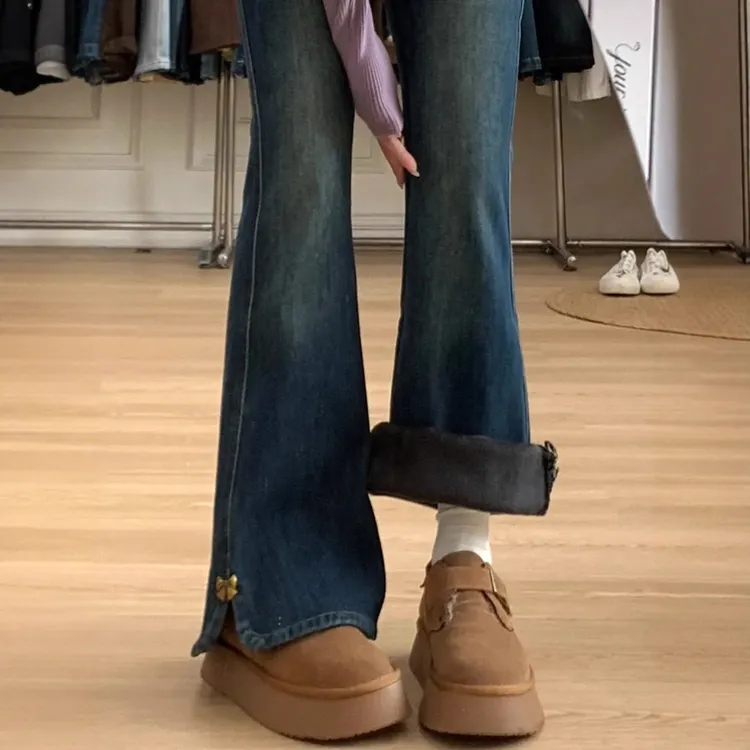 复古开叉微喇牛仔裤女冬加绒加厚大码胖mm高腰裤弹力不贴腿喇叭裤