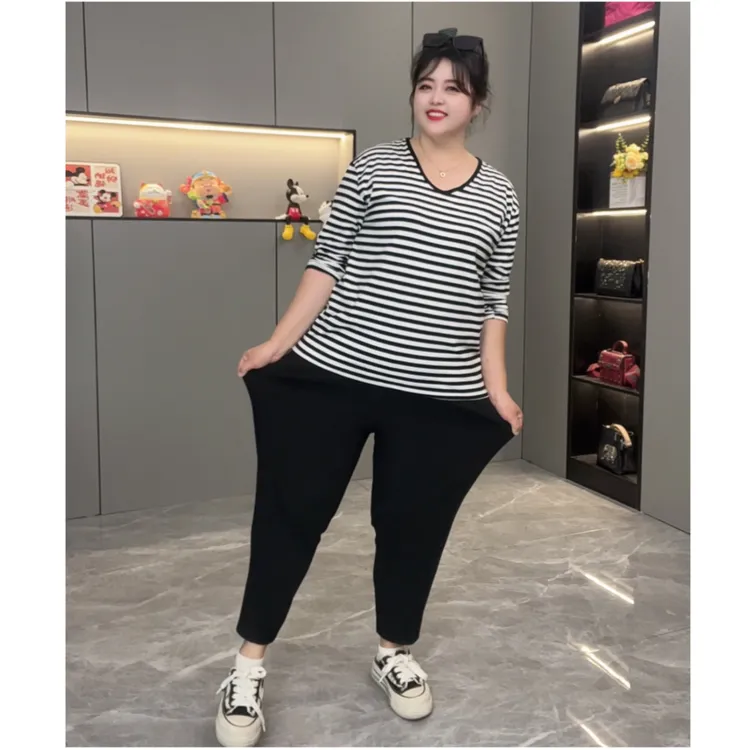 大码女装早秋秋款时尚弹力休闲显瘦百搭宽松萝卜裤小黑裤