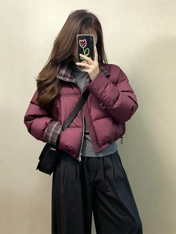 2025巨好看的红色格子翻领棉服上衣女冬小个子短款面包服外套棉袄