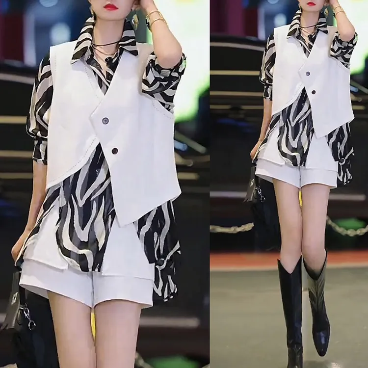高级时髦气质洋气通勤马甲两件套女2025春季新款显瘦条纹衬衫套装