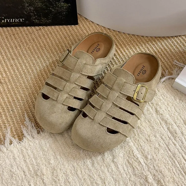 勃肯鞋女罗马凉拖鞋2025新款夏季包头凉鞋平底镂空透气厚底半拖