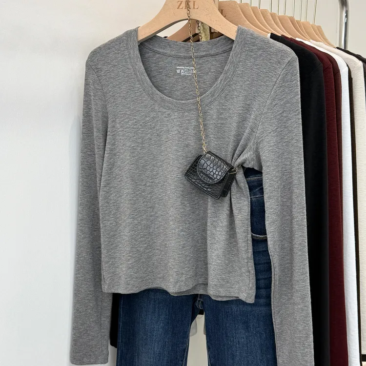显瘦修身短款u领长袖t恤女2025秋冬明线设计内搭打底衫弹力上衣潮