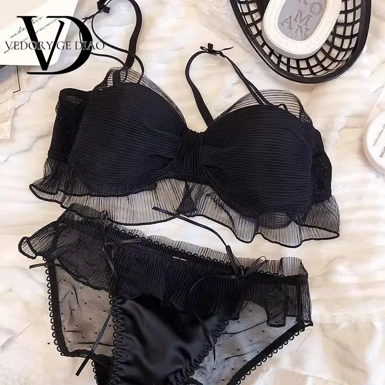 维多利亚日系风格性感韩版少女蝴蝶结纯欲可爱内衣套装网纱甜美无