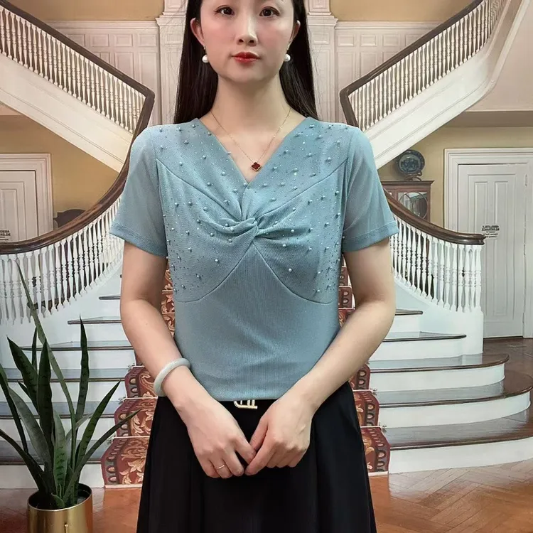 V领渐变烫钻公主风扭结短袖T恤时尚显瘦气质女士上衣020