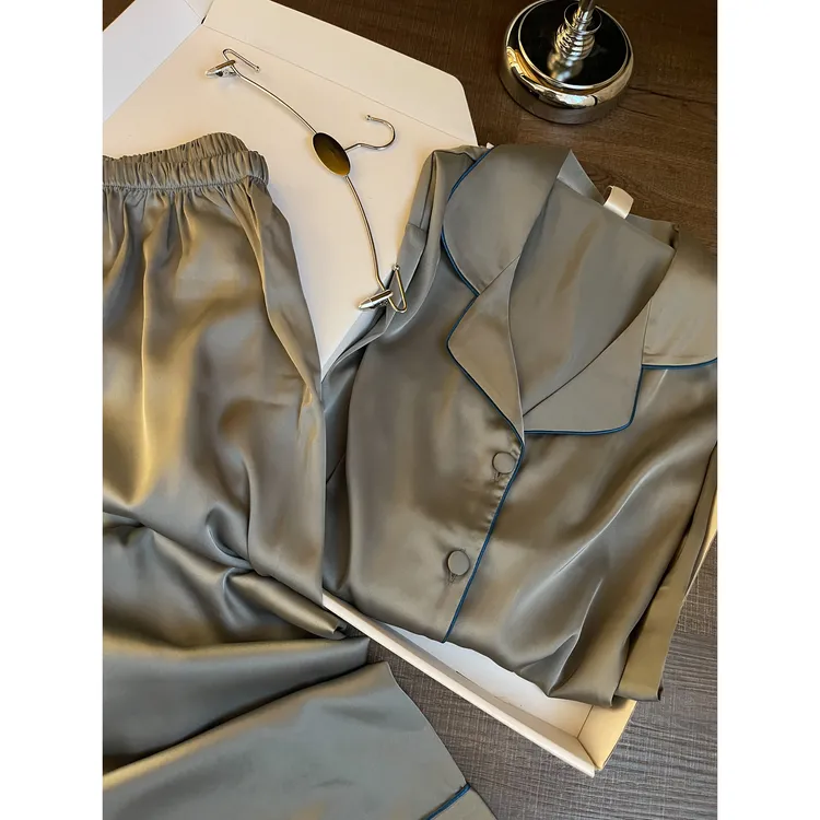 高级感冰丝缎面长袖睡衣女春秋款网红风大码休闲长裤家居服套装