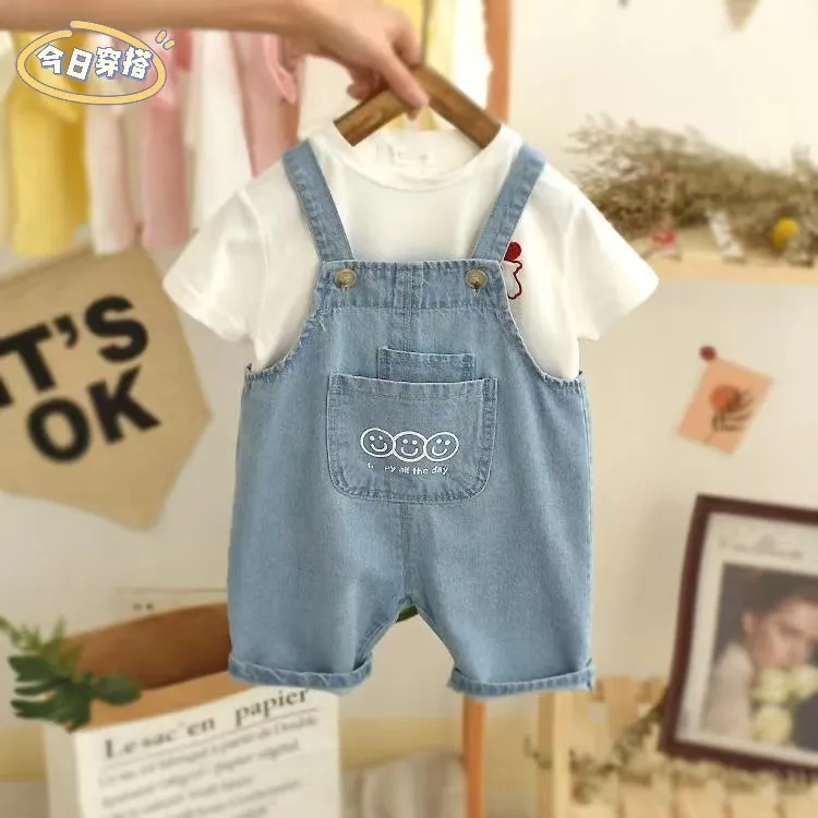 夏季薄款儿童软牛仔背带短裤小童中裤男女童休闲裤宽松宝宝背带裤