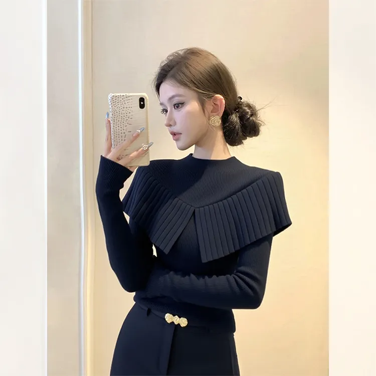 别致独特漂亮内搭斗篷小衫藏蓝色针织打底衫洋气高贵上衣女装秋冬