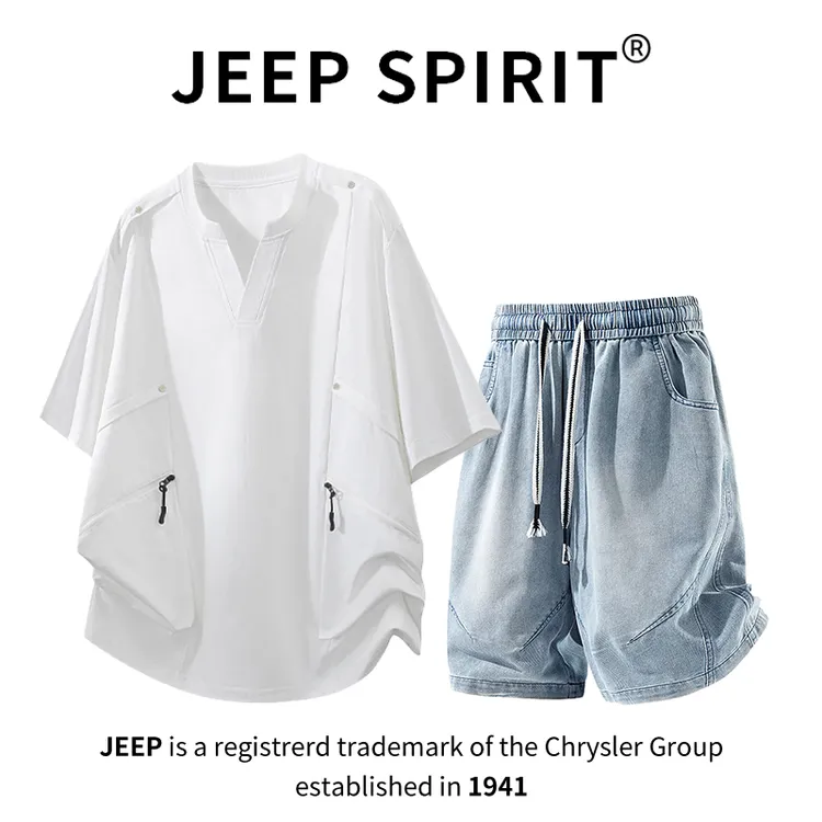 JEEPSPIRIT吉普工装V领短袖T恤牛仔短裤套装男士夏季宽松大码男装