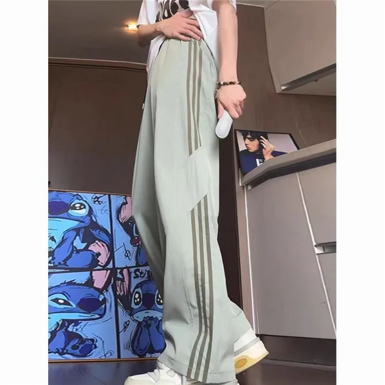 夏季冰丝速干运动休闲裤男日系高街薄款侧边条纹阔腿直筒宽松长裤