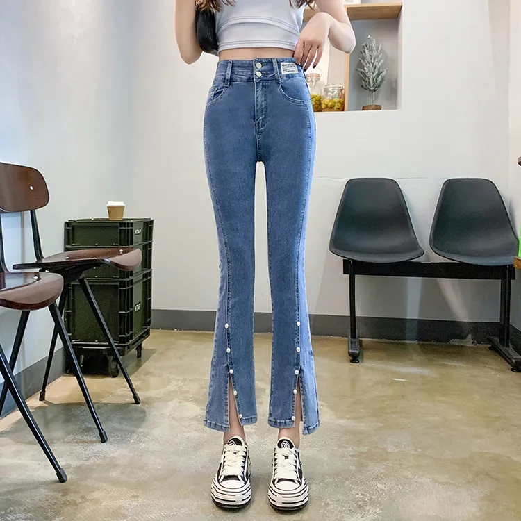 夏季#蓝色弹力高腰钉珠开叉喇叭九分裤烟灰色牛仔裤小个子裤子