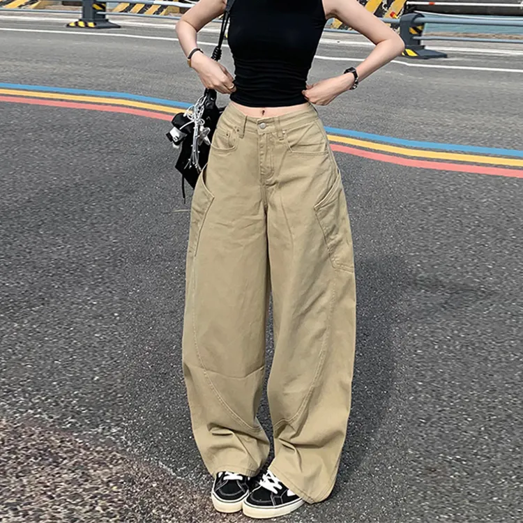 卡其色大口袋宽松阔腿牛仔裤高腰遮胯显瘦高个子工装风韩版弯刀裤