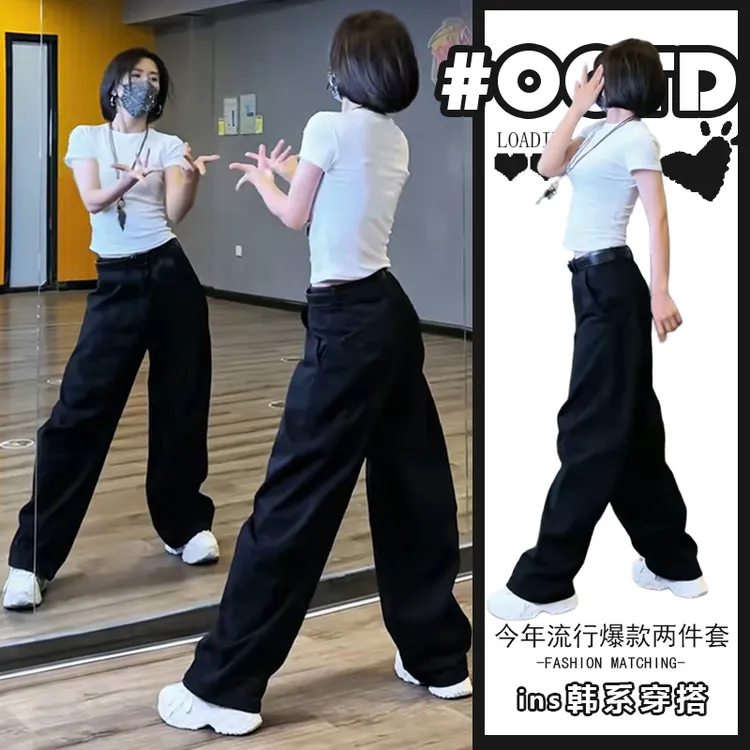 夏季韩式修身白色短袖上衣高腰显瘦宽松拖地休闲垂感阔腿裤两件套