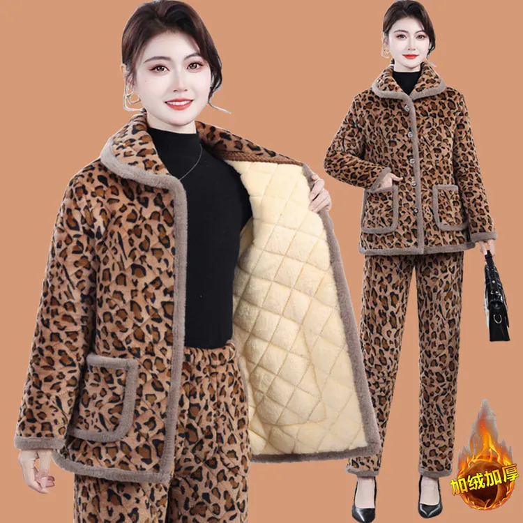 妈妈冬装睡衣套装中老年人家居棉衣棉裤加绒妈妈加厚保暖两件套