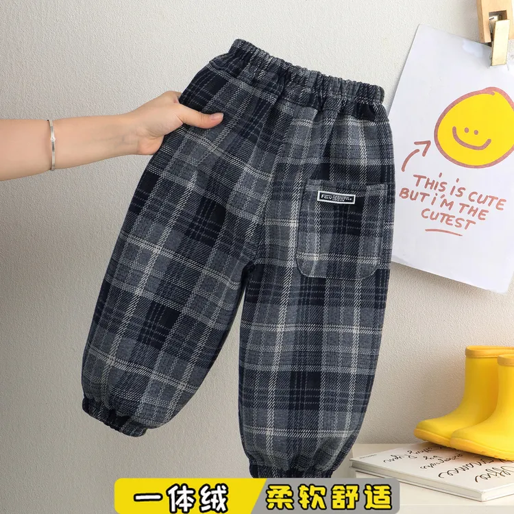 男童加绒格子裤秋冬季2025新款儿童一体绒裤子男孩韩版毛呢束脚裤