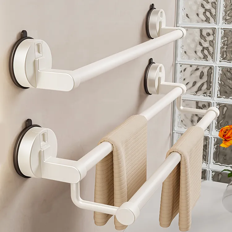 奶油风吸盘毛巾架卫生间免打孔毛巾杆厕所收纳挂杆壁挂浴室收纳架