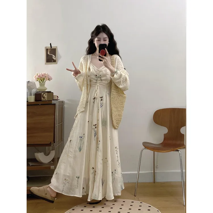 2025春季新品大码胖MM法式气质碎花刺绣吊带连衣裙开衫外套两件套