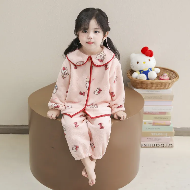 女童睡衣秋冬2025新款儿童法兰绒可爱卡通保暖家居服珊瑚绒套装