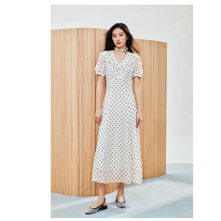MAXRIENY2025年春夏新款赫本风波点雪纺连衣裙显瘦高级中长