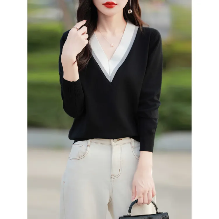 名媛时尚V领套头拼色针织衫女25秋冬新款气质宽松内搭打底针织衫