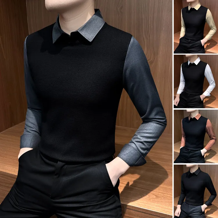 假两件男士衬衫毛衣冬季男款爆款2025新款商务休闲男装针织打底衫