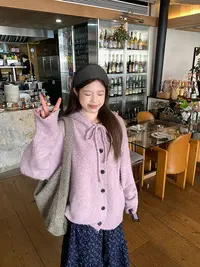 乌77温柔风紫色圈圈纱连帽毛衣外套女秋季慵懒感羊毛针织开衫上衣