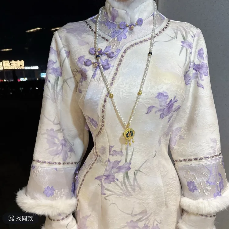 自制厚款针织秋冬旗袍 清宫鸢尾紫花