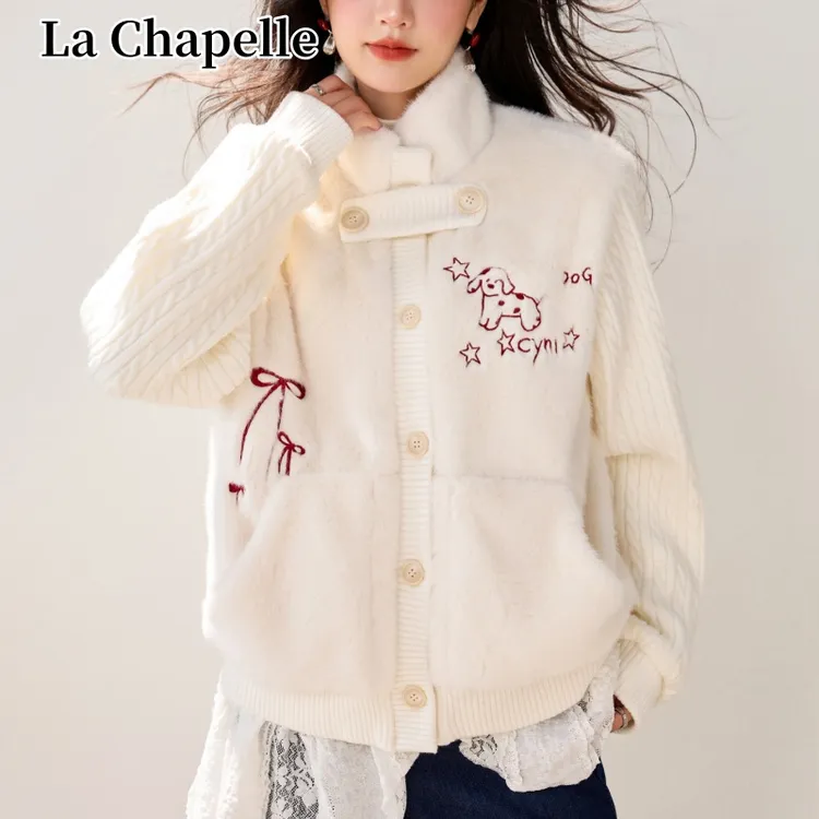 拉夏贝尔韩系甜美针织拼接外套女冬季短款夹棉加绒加厚毛衣开衫