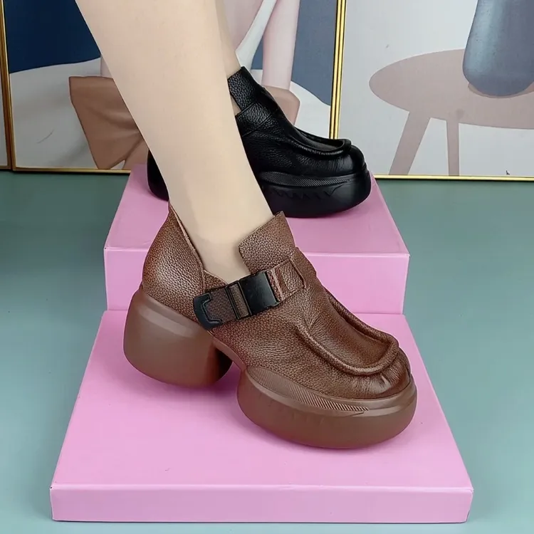 2359-1真皮女鞋纯牛皮圆头粗跟厚底皮带卡扣休闲百搭增高单鞋