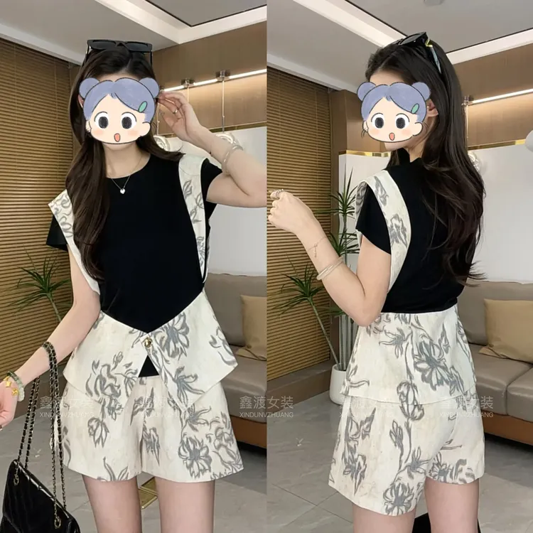 2025夏季新款时尚显瘦气质女士网红洋气两件套百搭款D5433